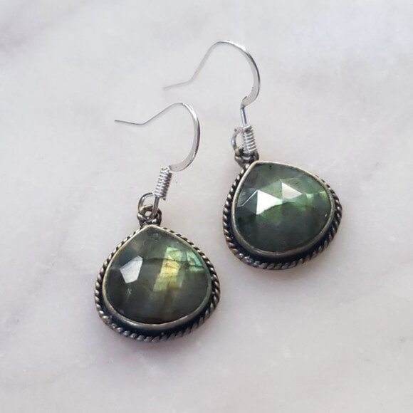 Labradorite Earrings - World Market Blue Green Silver Crystal Rose Cut Teardrops - Picture 4 of 4